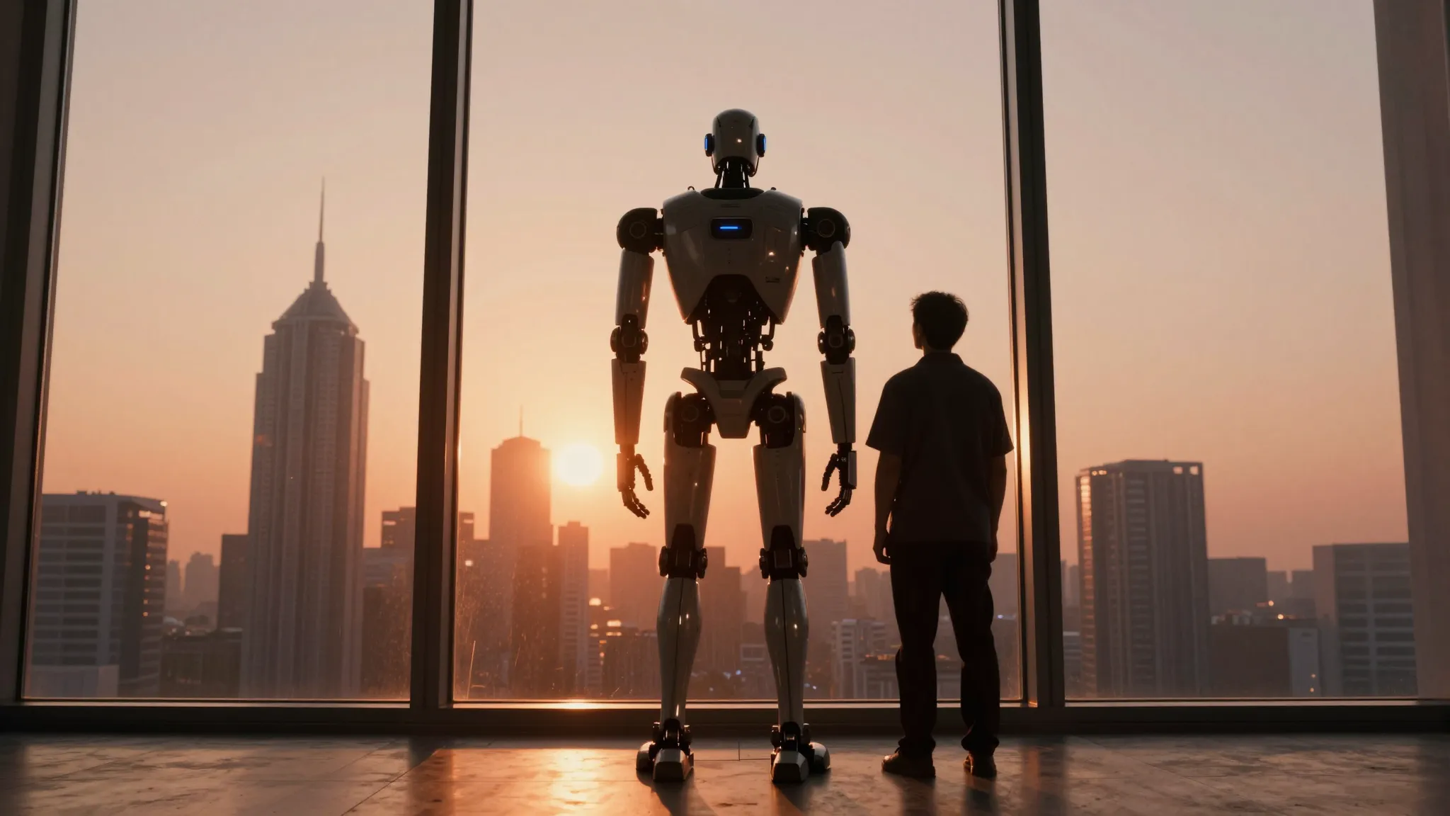 Humanoid robot and engineer silhouette at sunrise — the future of robotics