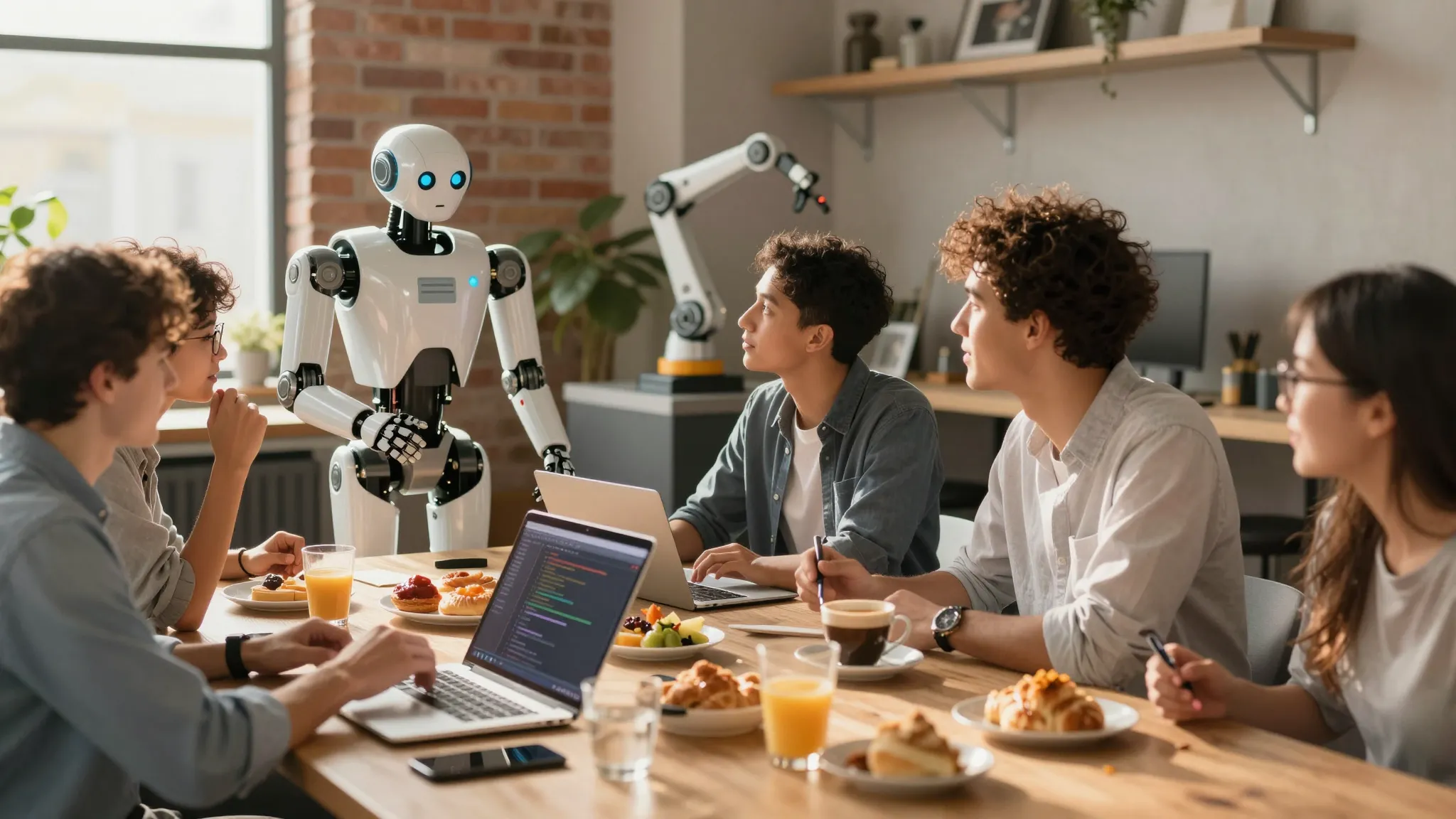 Engineers discussing robotics over breakfast with a humanoid robot at the table